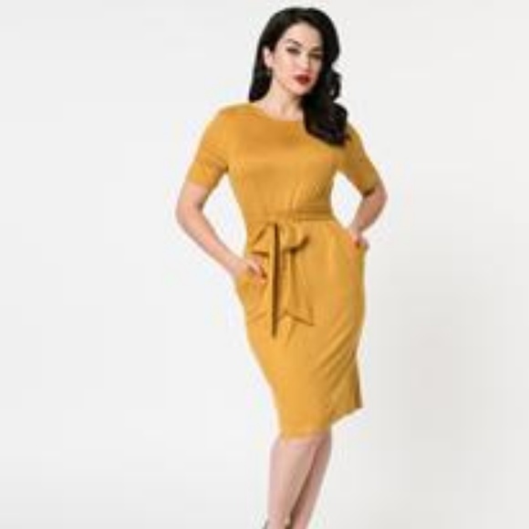 Unique Vintage Dresses & Skirts - Mustard Yellow Suede Short Sleeve Wiggle Dress - L